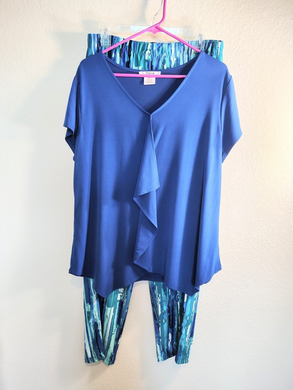 Blue Masseys V-Neck Ruffle Front Women's Top and Pants Set